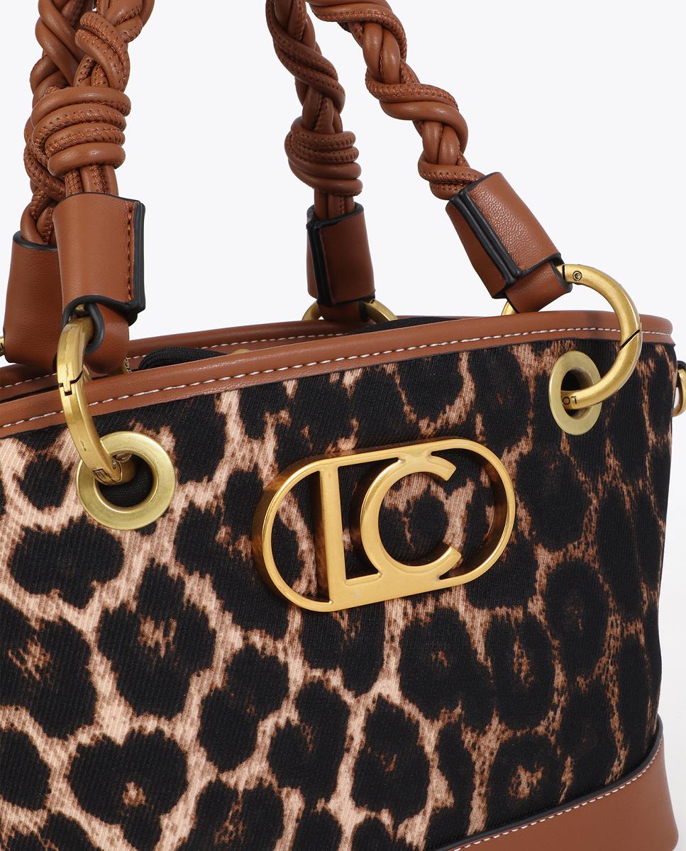 Mini Cesta com Animal Print de Leopardo e Efeito de Pele Castanho-escuro-9