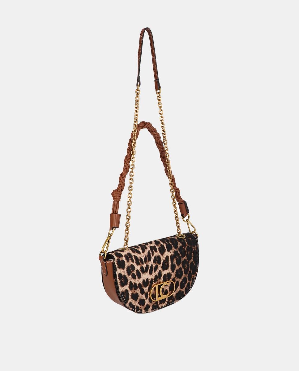 Mala Meia-Lua com Animal Print de Leopardo e Efeito de Pele Castanho-escuro-2