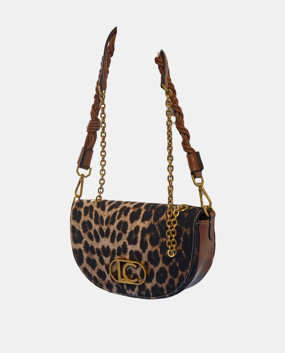 Mala Meia-Lua com Animal Print de Leopardo e Efeito de Pele Castanho-escuro-10