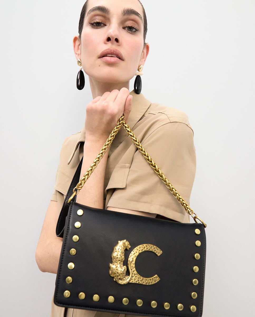 Mala a Tiracolo com Aba LC e Animal Print com Tachas Preto-10