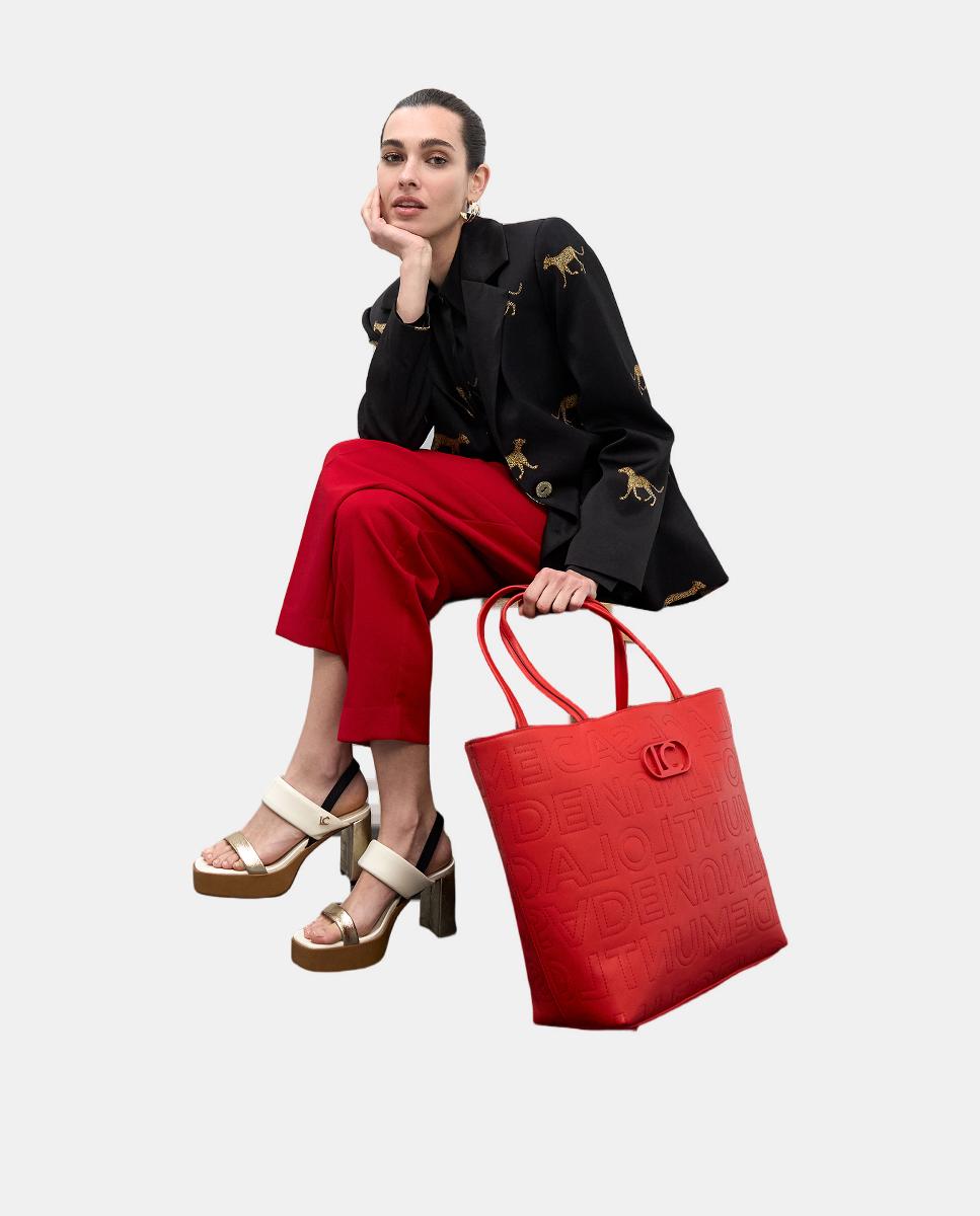 Mala Shopper sem Estrutura com Pespontos e Monograma Coral-2