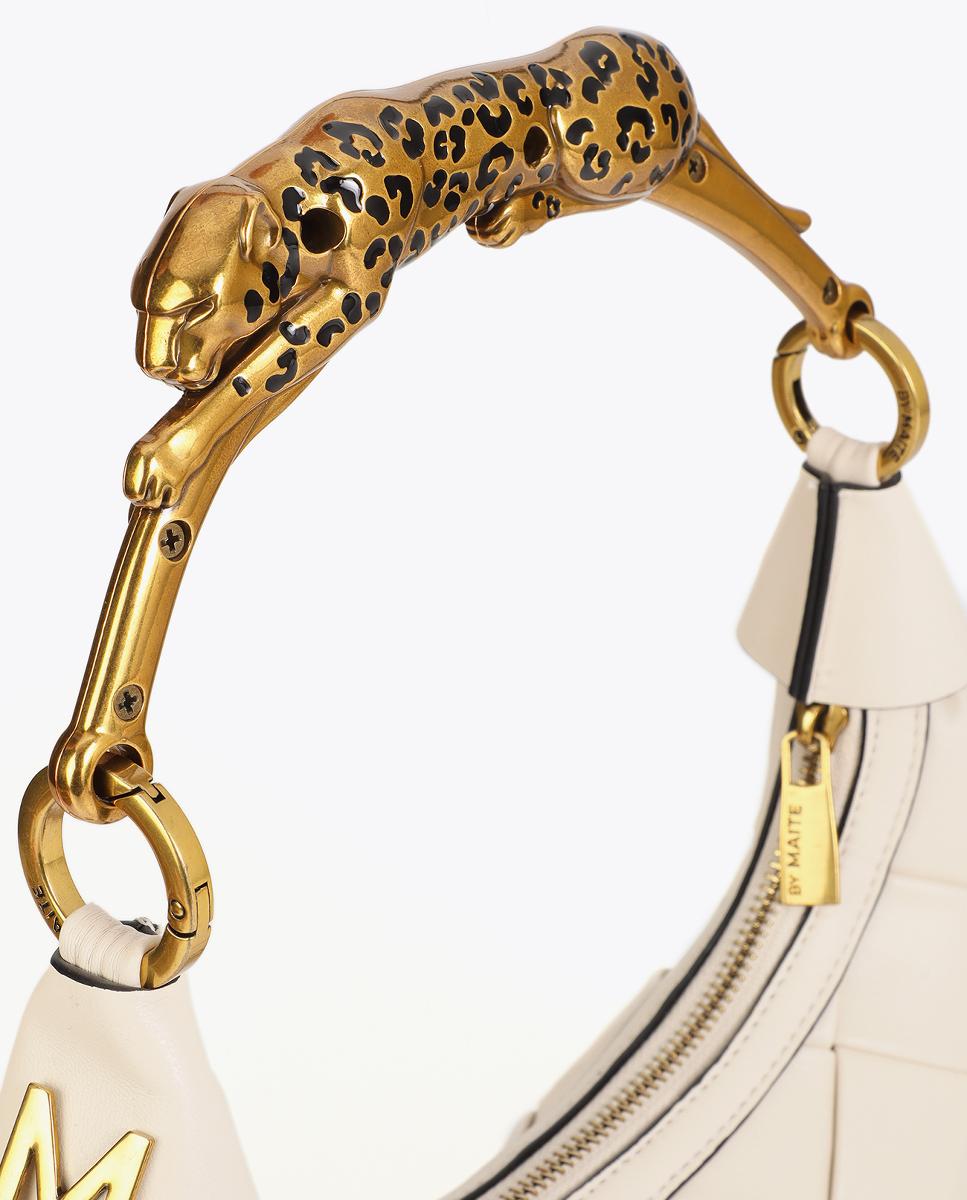 Mala Entrançada de Meia-Lua com Alça e Animal Print de Leopardo Branco-2