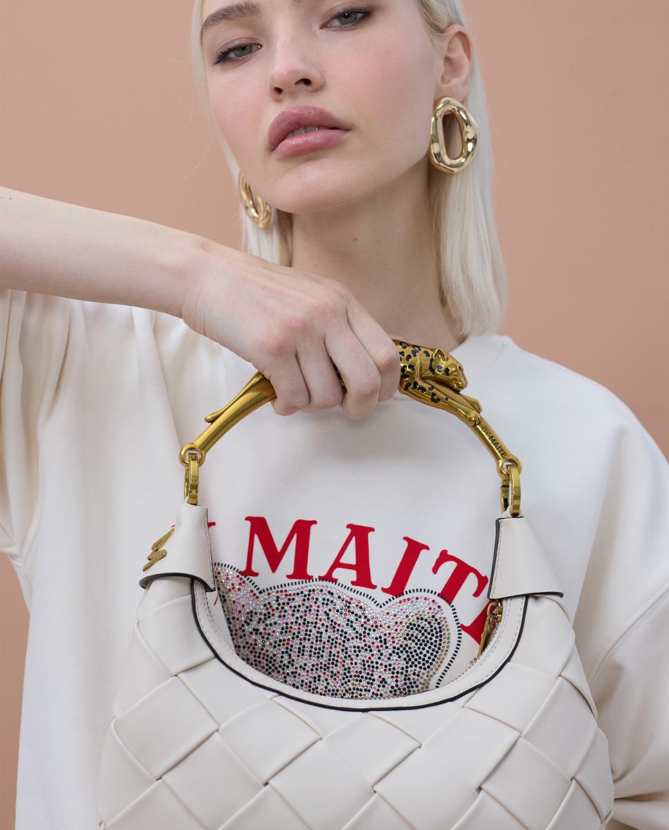 Mala Entrançada de Meia-Lua com Alça e Animal Print de Leopardo Branco-3