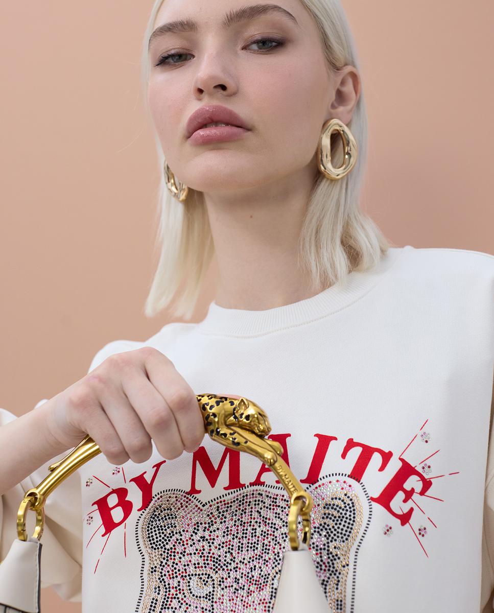 Mala Entrançada de Meia-Lua com Alça e Animal Print de Leopardo Branco-5