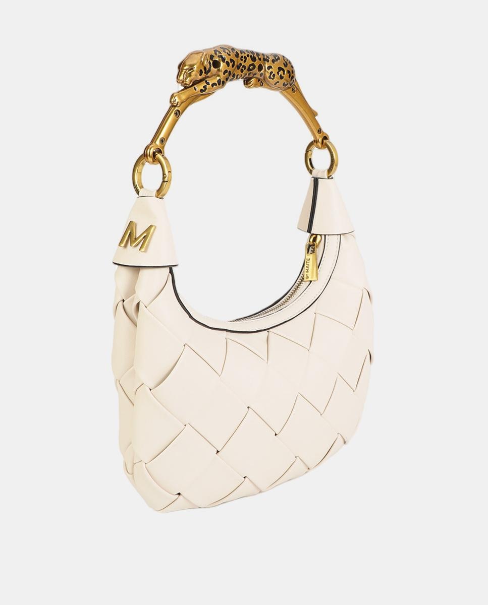 Mala Entrançada de Meia-Lua com Alça e Animal Print de Leopardo Branco-6