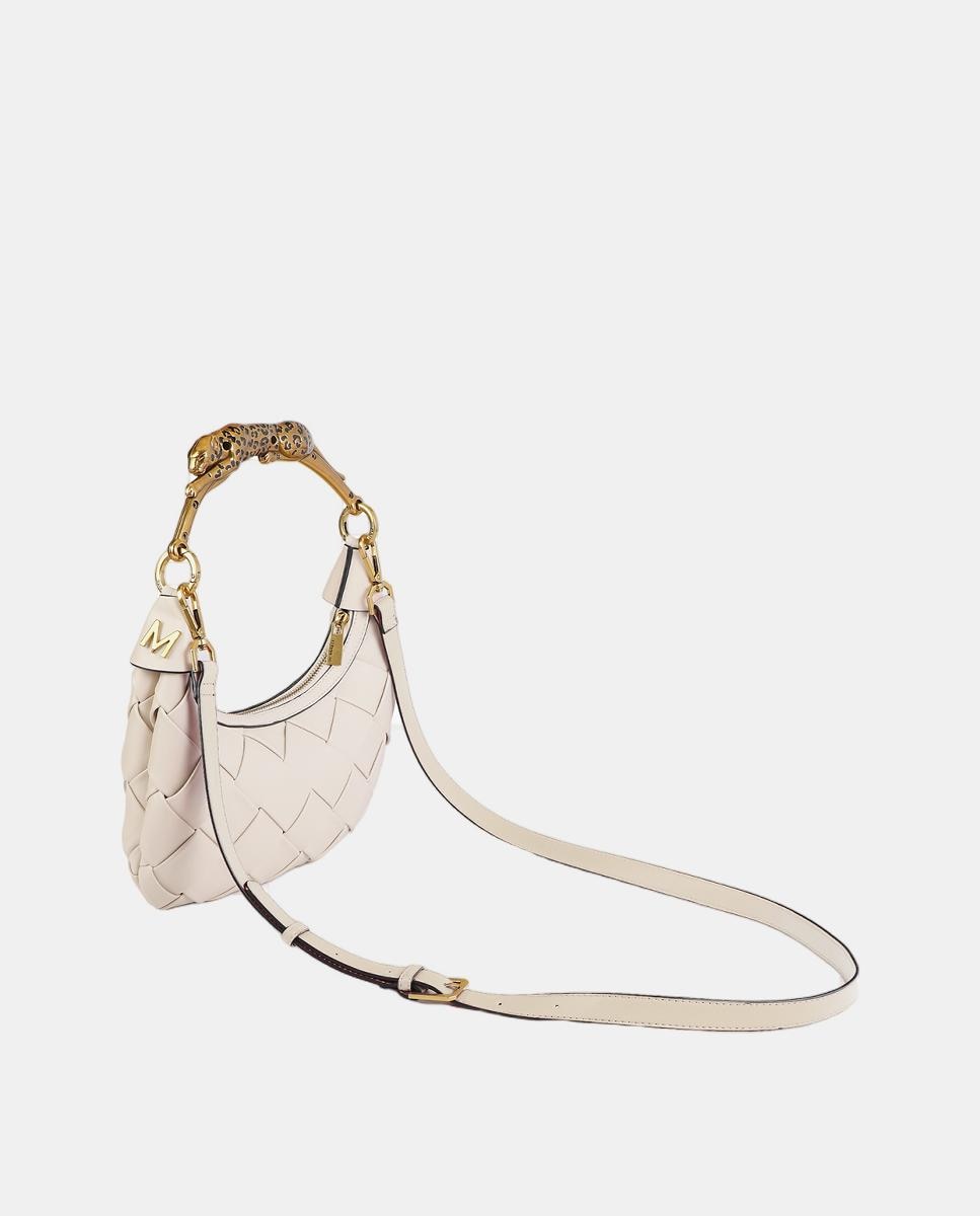 Mala Entrançada de Meia-Lua com Alça e Animal Print de Leopardo Branco-8