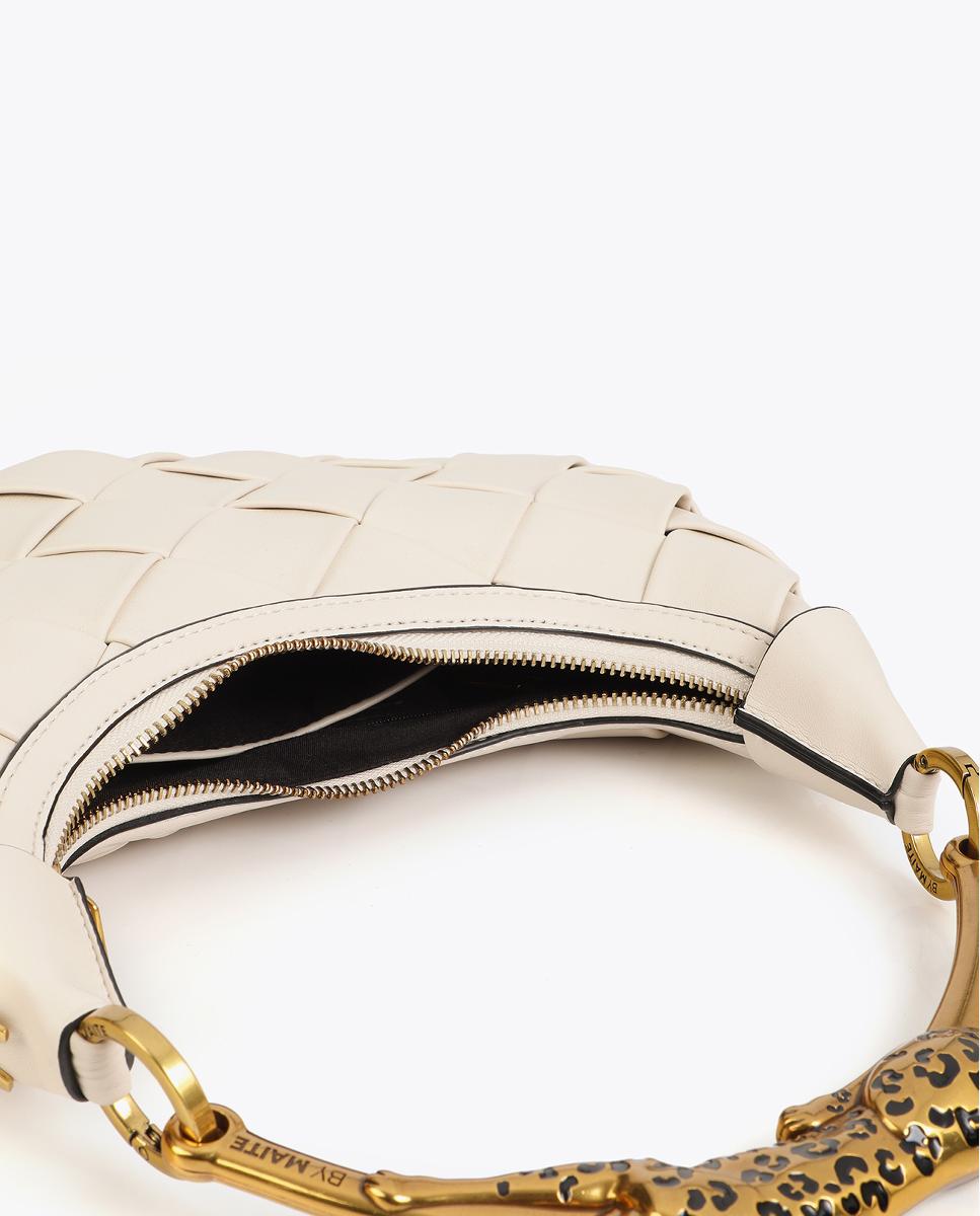 Mala Entrançada de Meia-Lua com Alça e Animal Print de Leopardo Branco-9