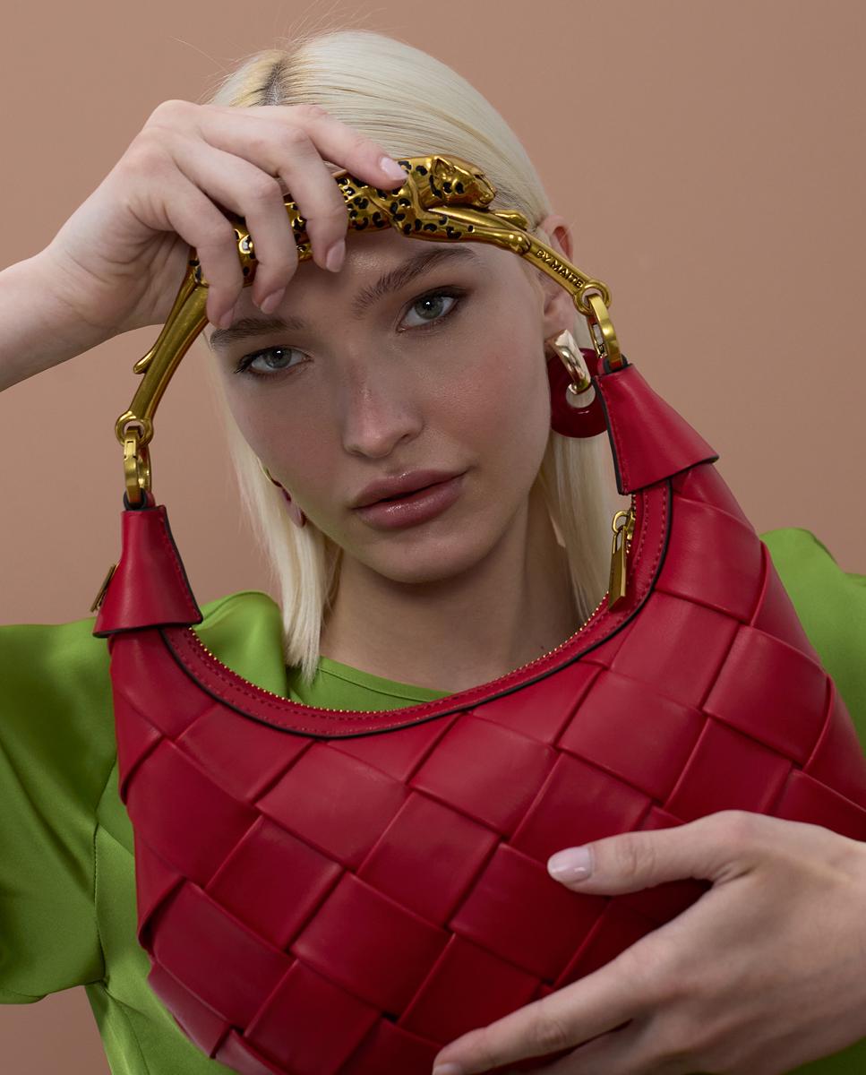 Mala Entrançada de Meia-Lua com Alça e Animal Print de Leopardo Vermelho-4