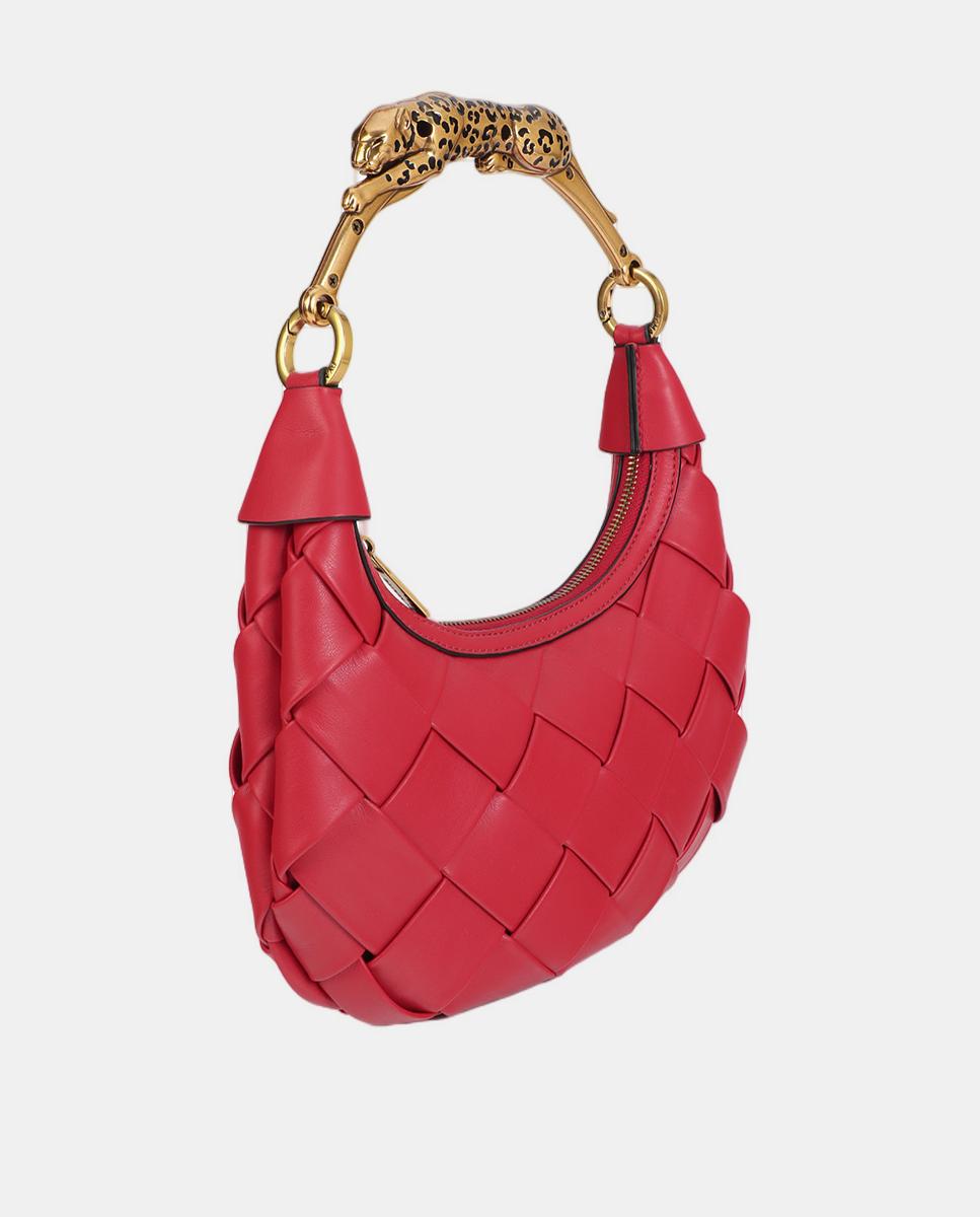 Mala Entrançada de Meia-Lua com Alça e Animal Print de Leopardo Vermelho-5