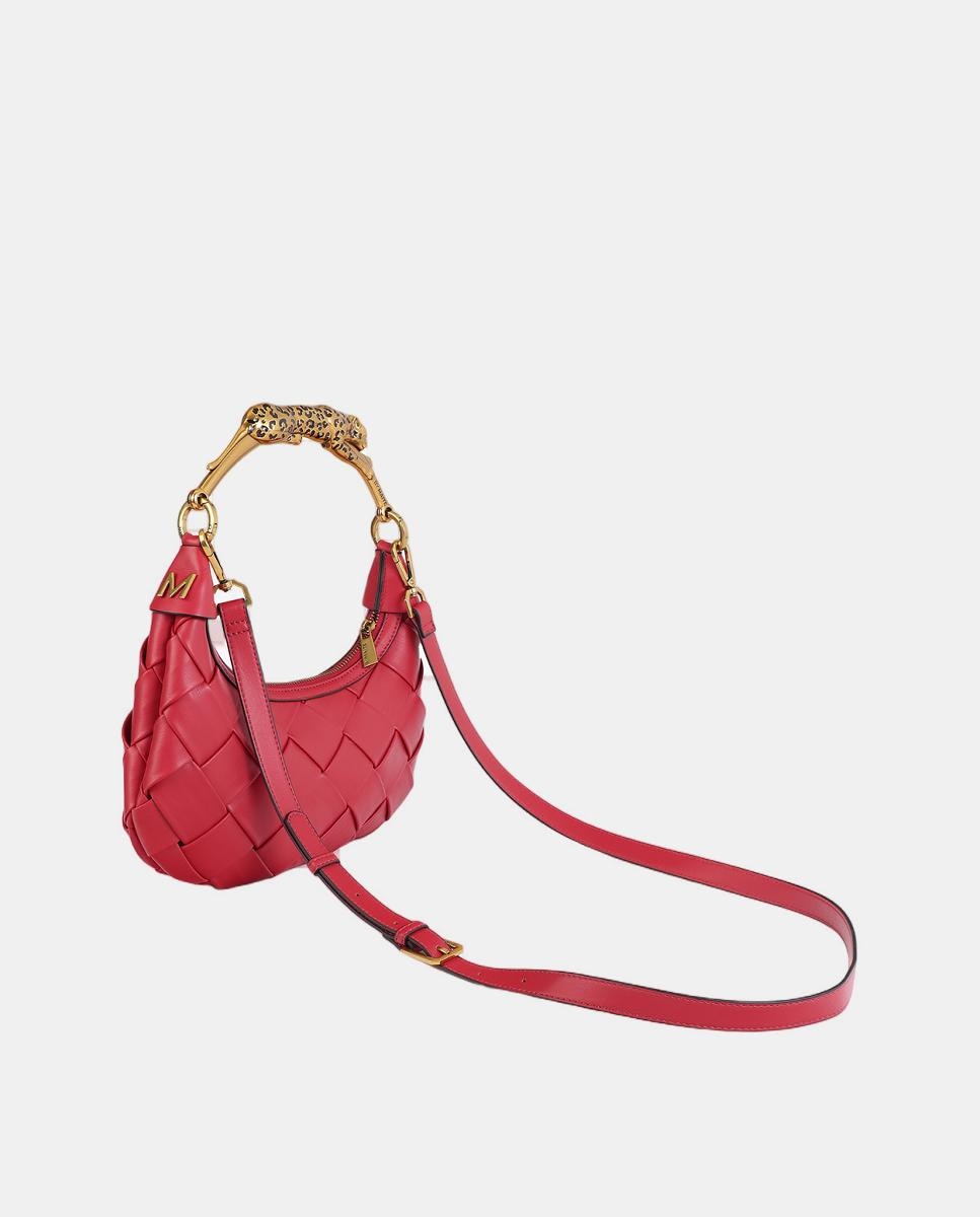 Mala Entrançada de Meia-Lua com Alça e Animal Print de Leopardo Vermelho-7