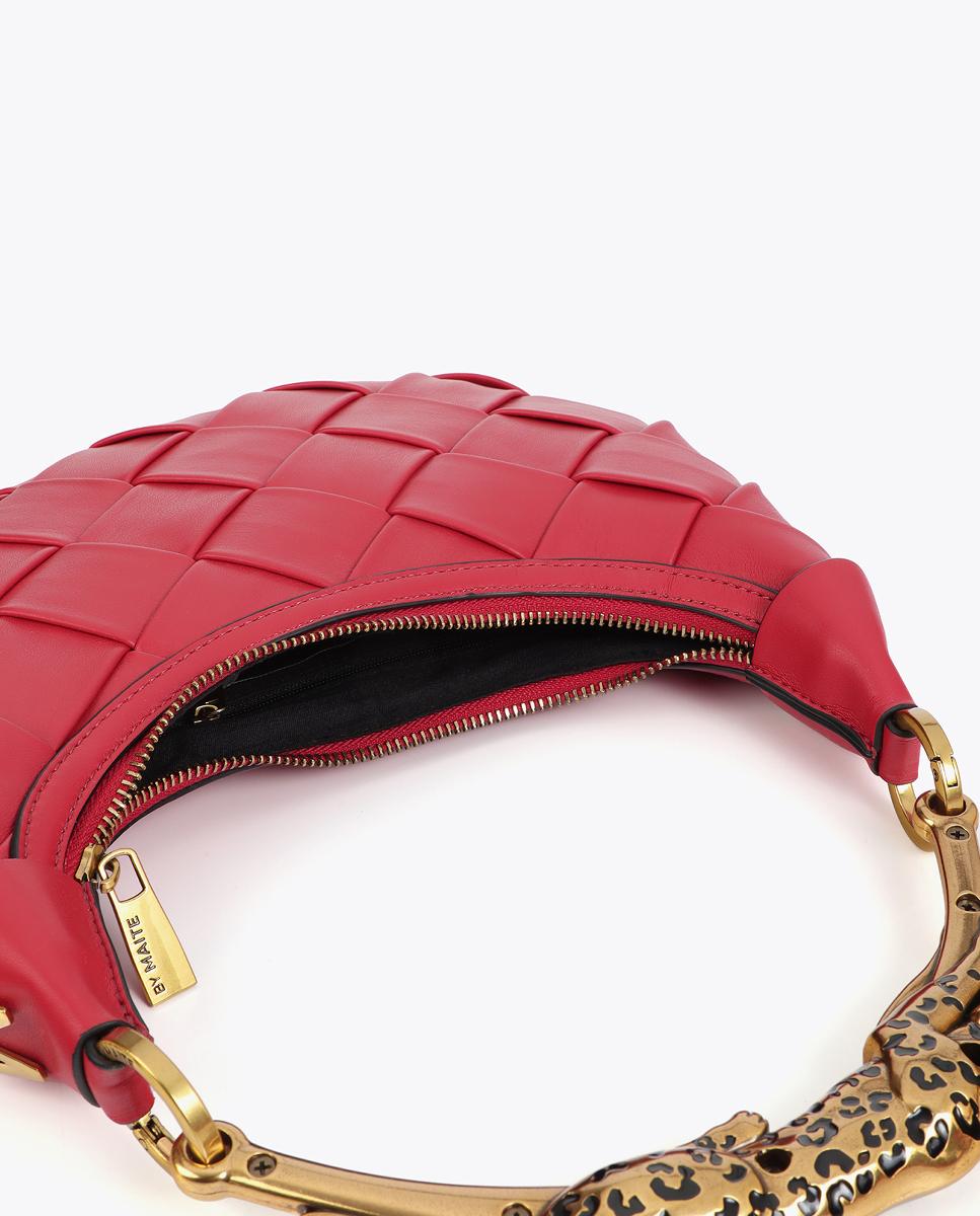 Mala Entrançada de Meia-Lua com Alça e Animal Print de Leopardo Vermelho-8