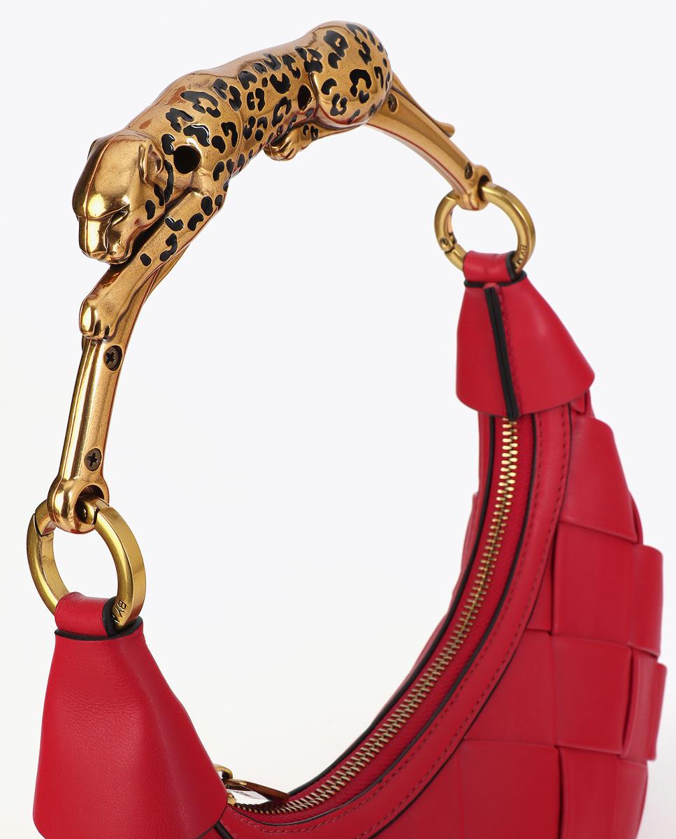 Mala Entrançada de Meia-Lua com Alça e Animal Print de Leopardo Vermelho-9