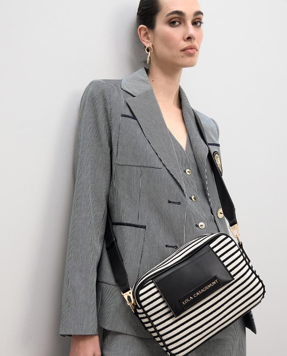 Mala Crossbody em Tecido às Riscas Preto-3