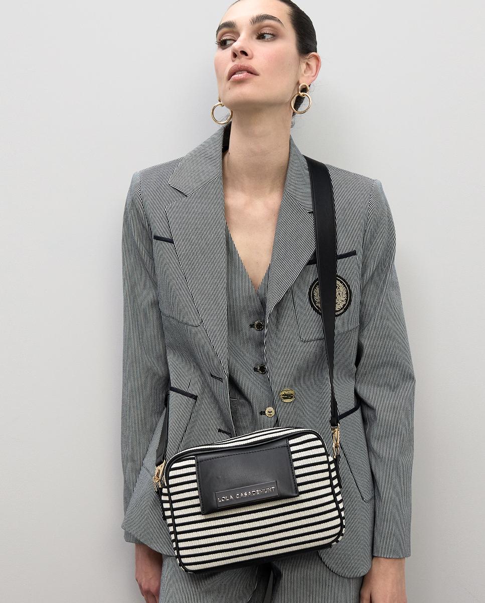 Mala Crossbody em Tecido às Riscas Preto-4