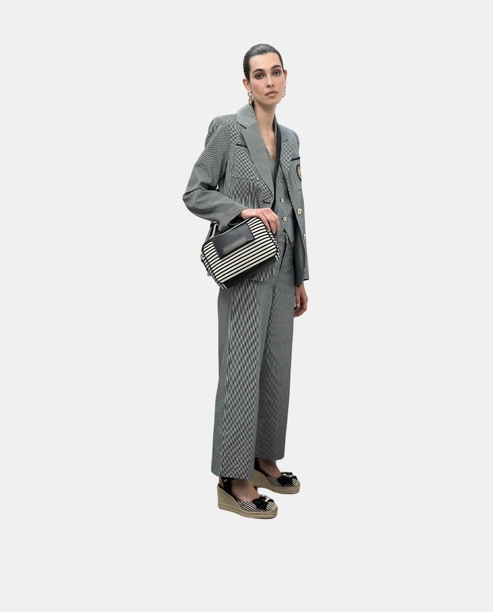 Mala Crossbody em Tecido às Riscas Preto-5