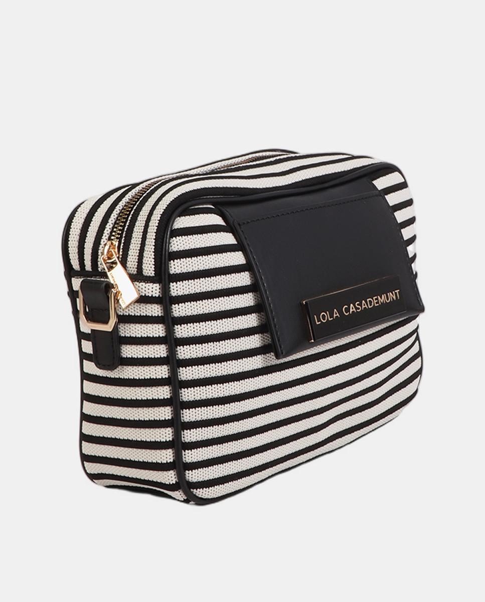 Mala Crossbody em Tecido às Riscas Preto-6