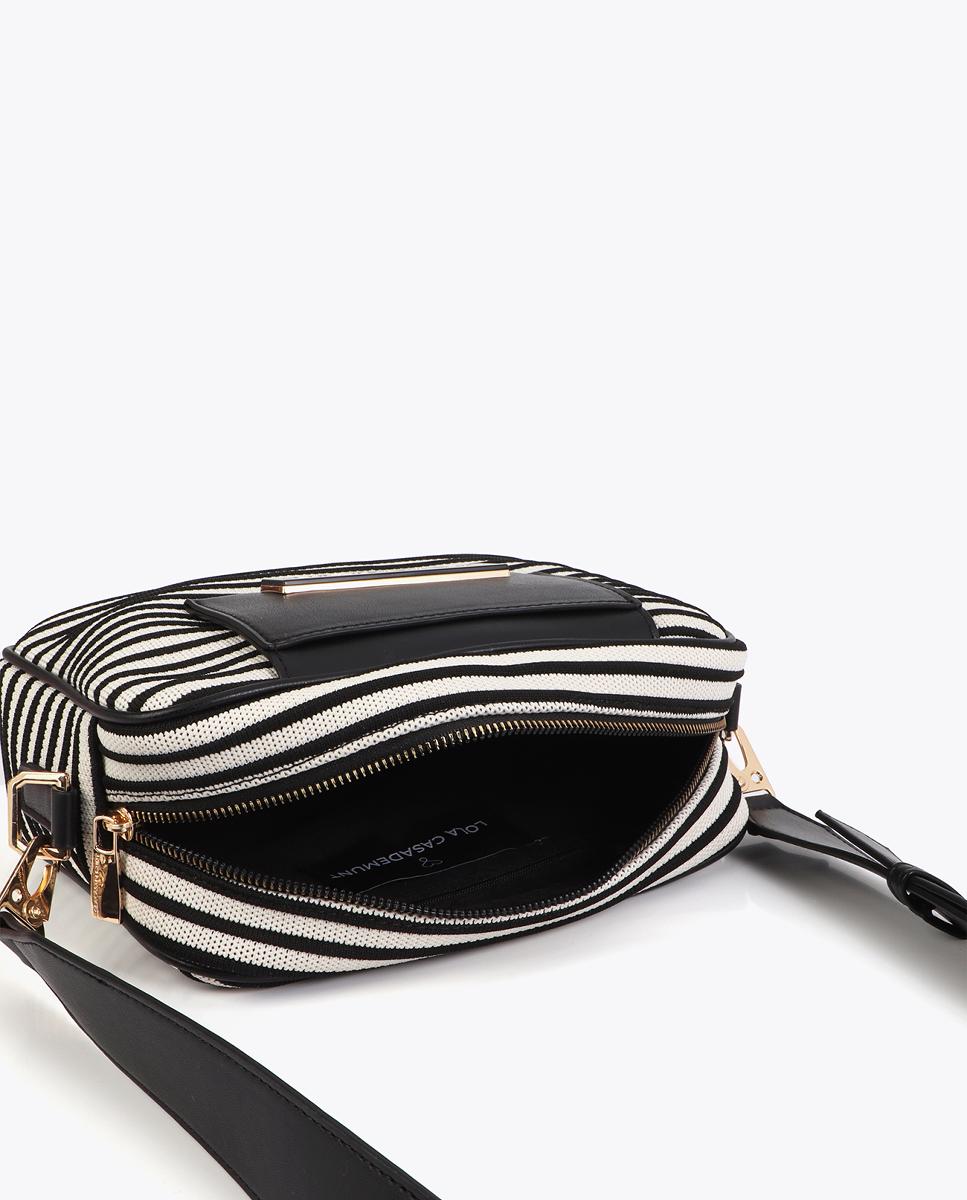Mala Crossbody em Tecido às Riscas Preto-9