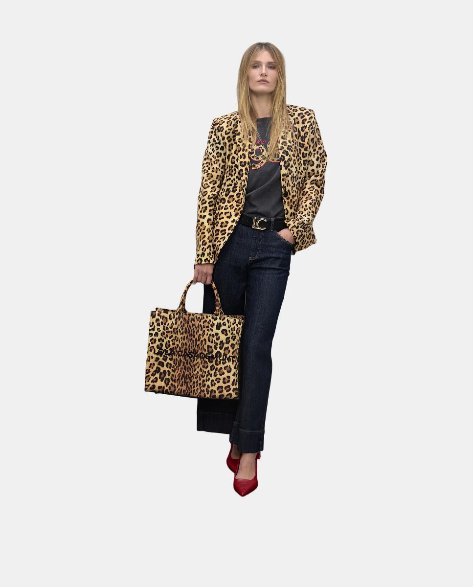 Mala Shopper em Tecido com Animal Print de Leopardo Castanho-claro-2