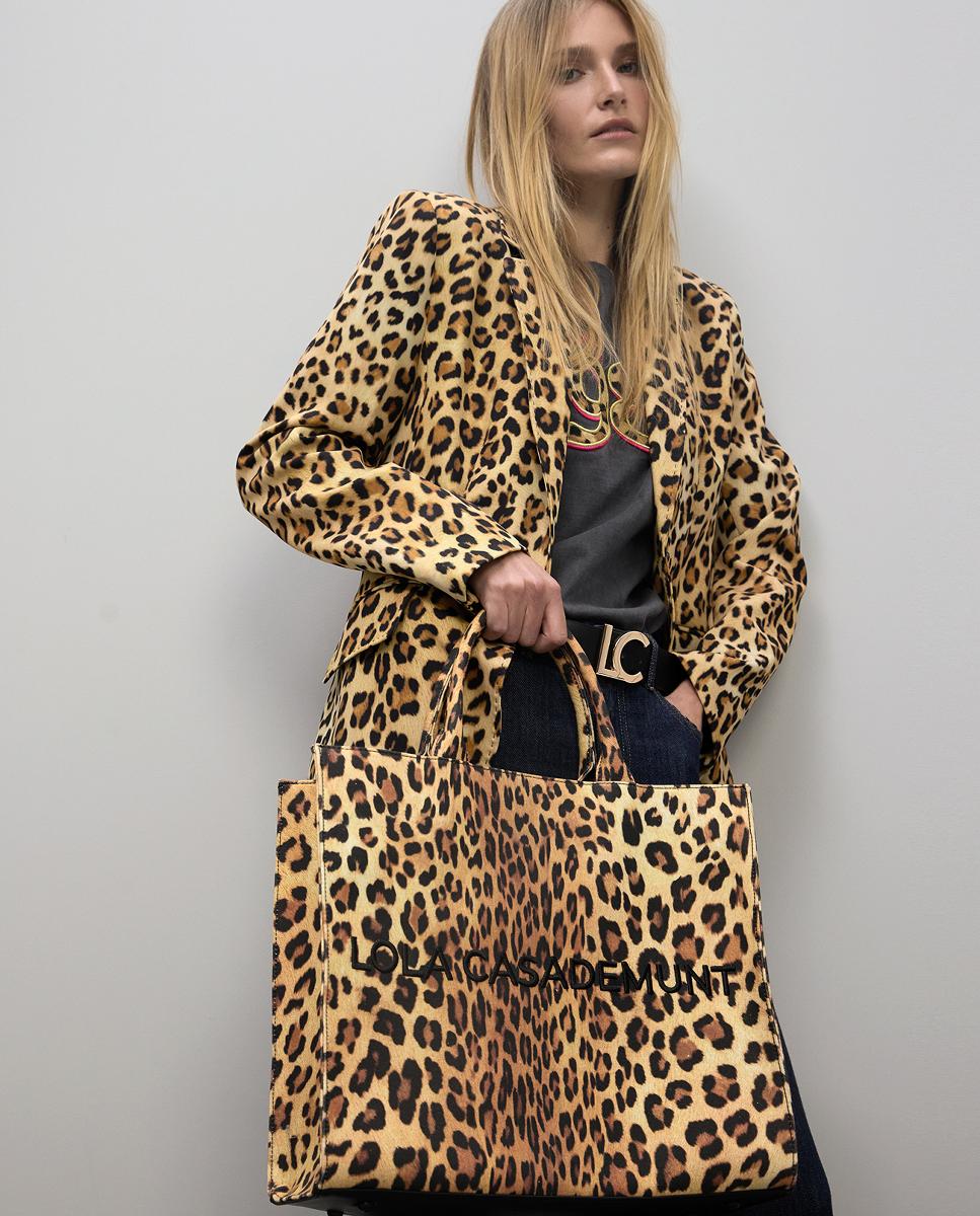 Mala Shopper em Tecido com Animal Print de Leopardo Castanho-claro-3