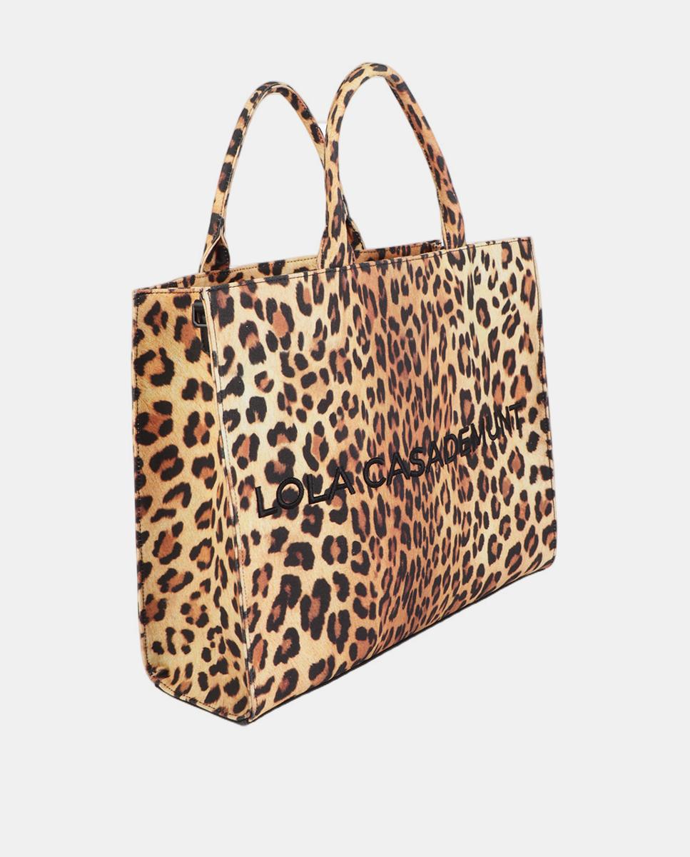 Mala Shopper em Tecido com Animal Print de Leopardo Castanho-claro-4