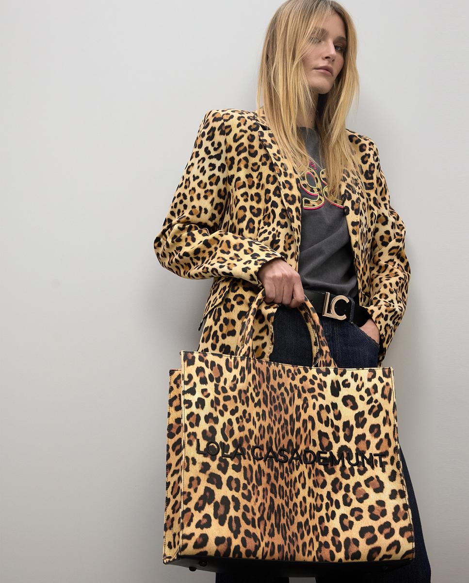 Mala Shopper em Tecido com Animal Print de Leopardo Castanho-claro-9