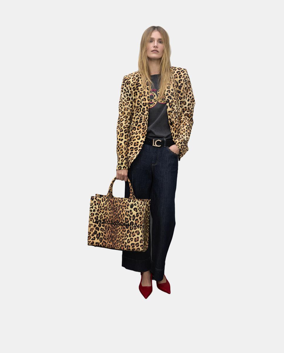 Mala Shopper em Tecido com Animal Print de Leopardo Castanho-claro-10