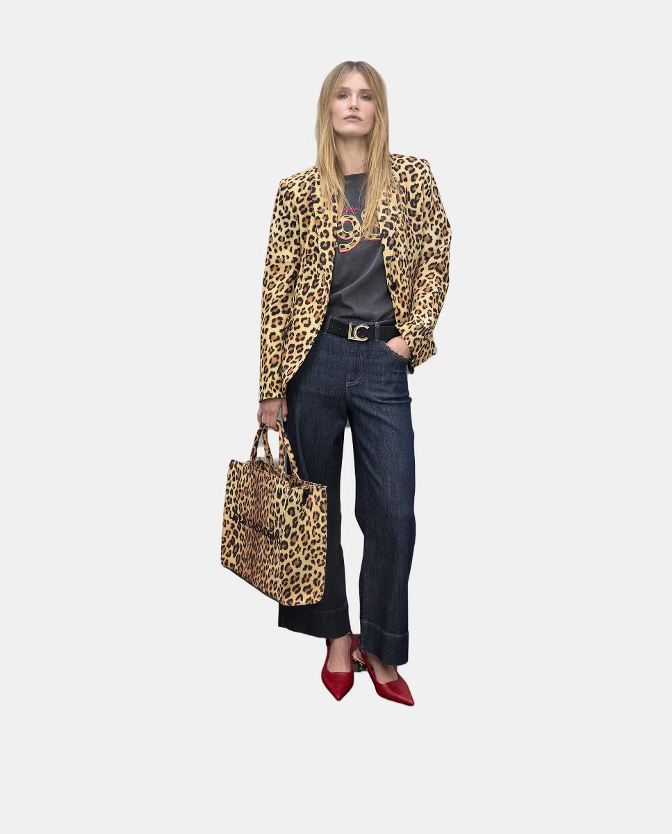 Mala Shopper em Tecido com Animal Print de Leopardo Castanho-claro-11