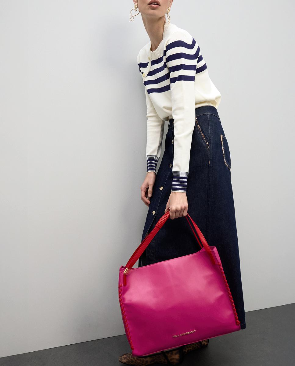 Mala Shopper com Detalhe Entrançado em Contraste Rosa-3