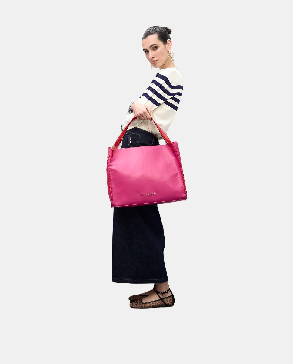 Mala Shopper com Detalhe Entrançado em Contraste Rosa-4