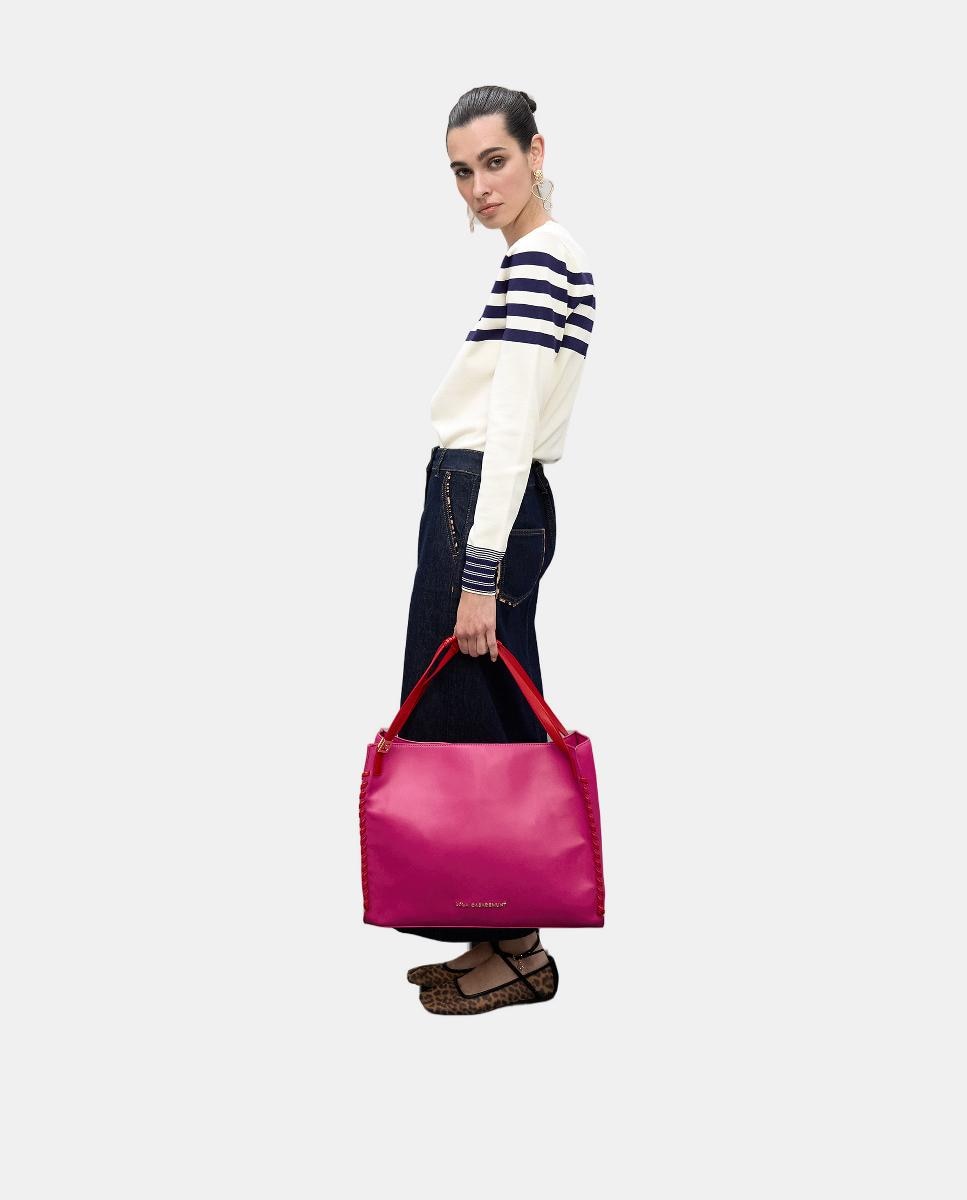 Mala Shopper com Detalhe Entrançado em Contraste Rosa-5