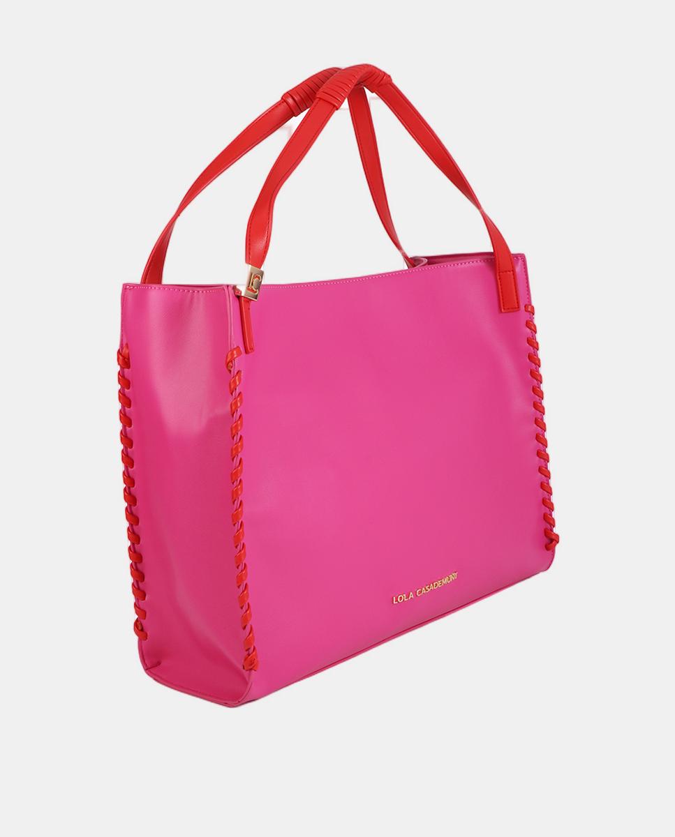 Mala Shopper com Detalhe Entrançado em Contraste Rosa-6