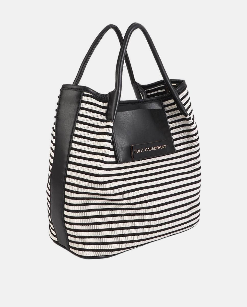 Mala Shopper em Tecido às Riscas Preto-2