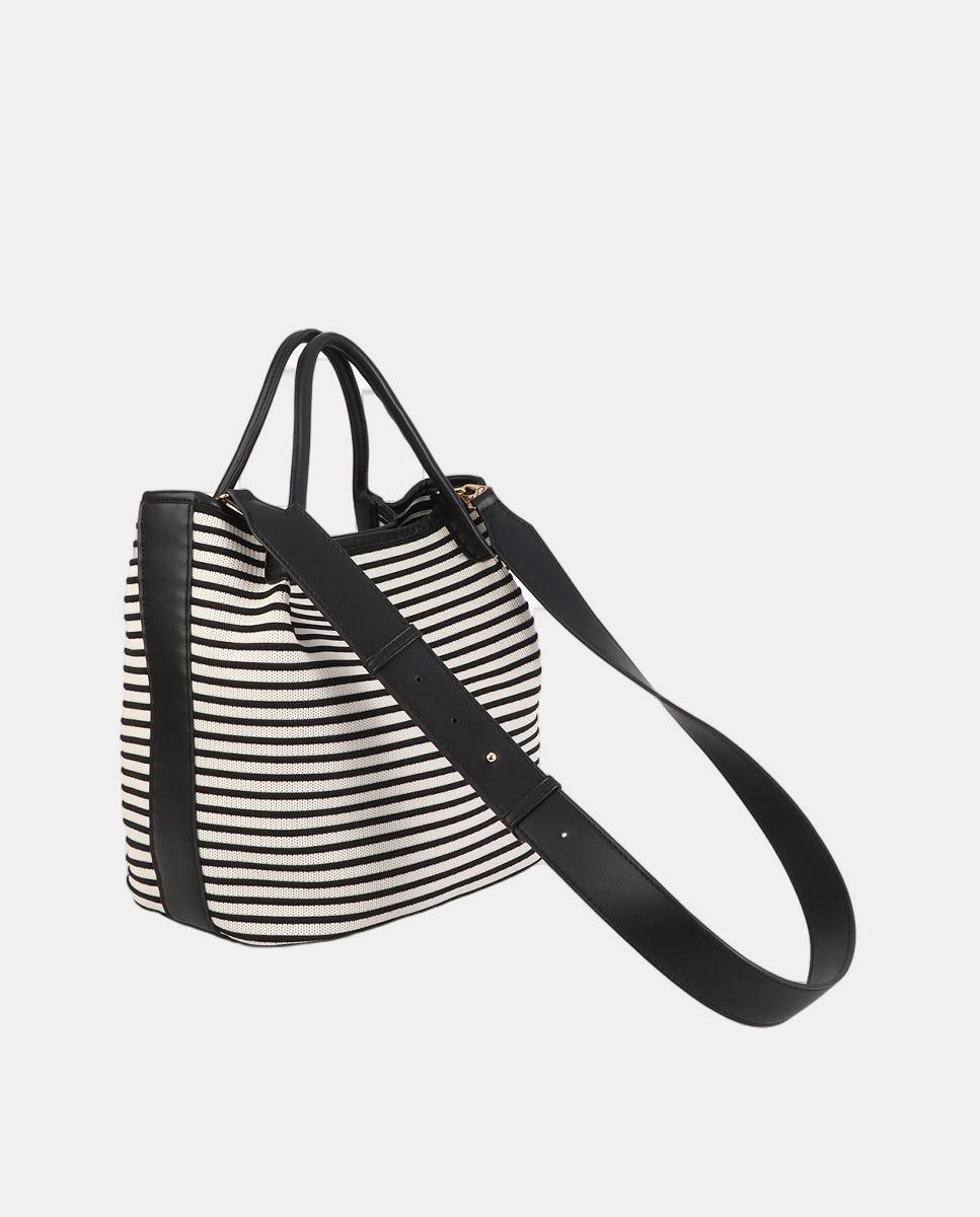 Mala Shopper em Tecido às Riscas Preto-4
