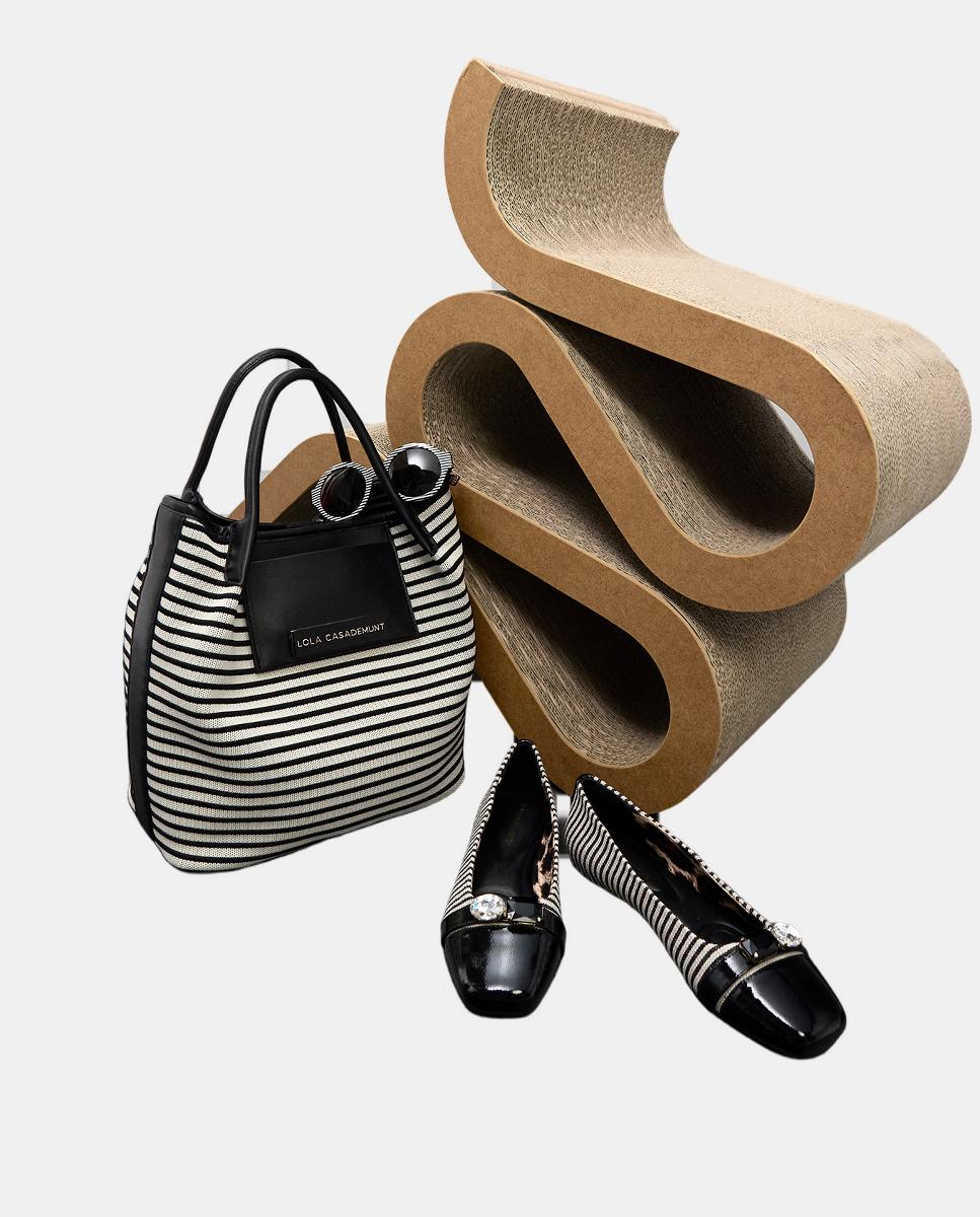 Mala Shopper em Tecido às Riscas Preto-7