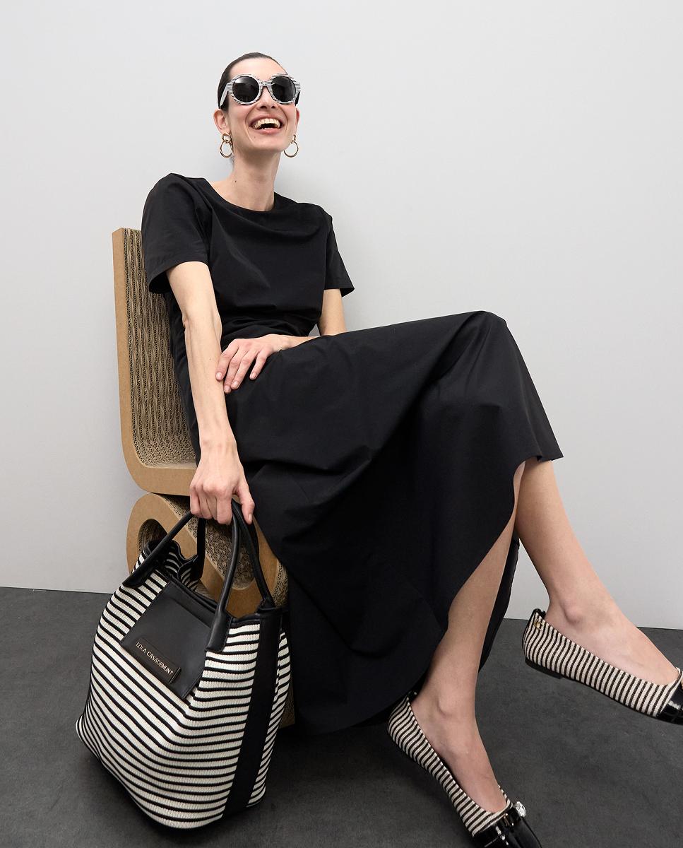 Mala Shopper em Tecido às Riscas Preto-8