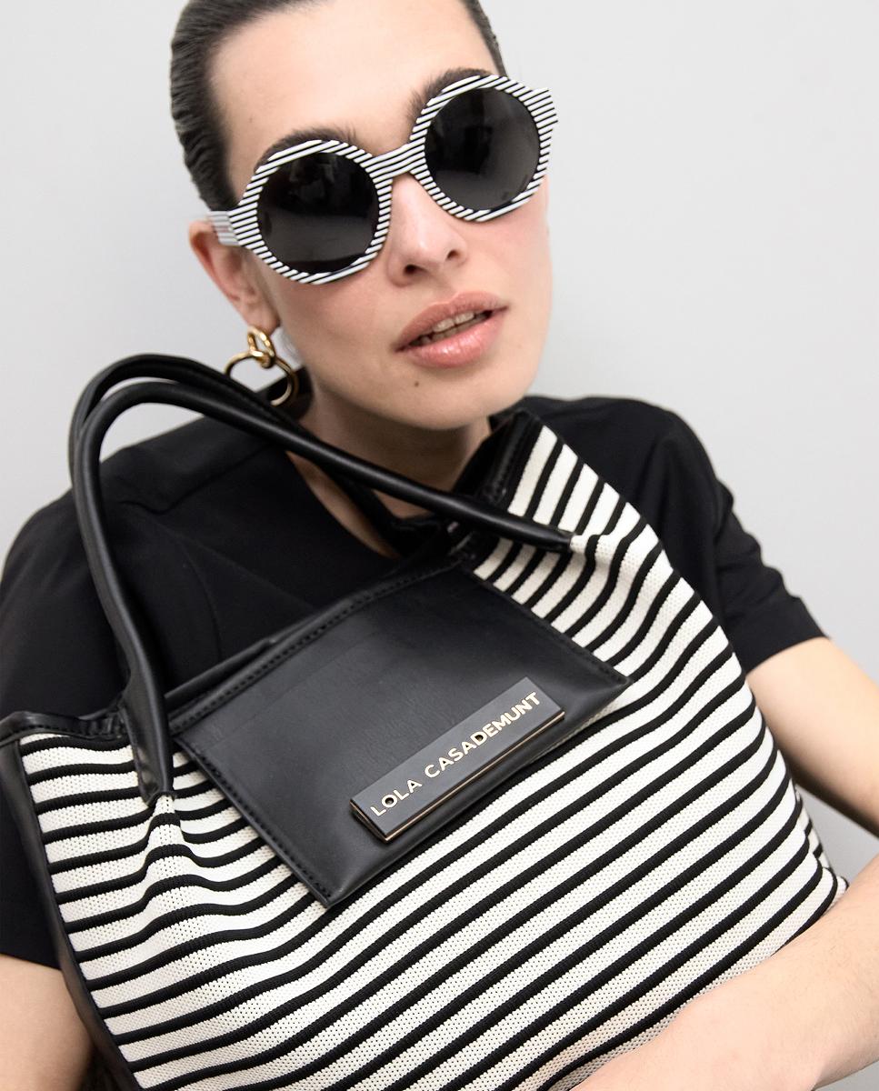 Mala Shopper em Tecido às Riscas Preto-9