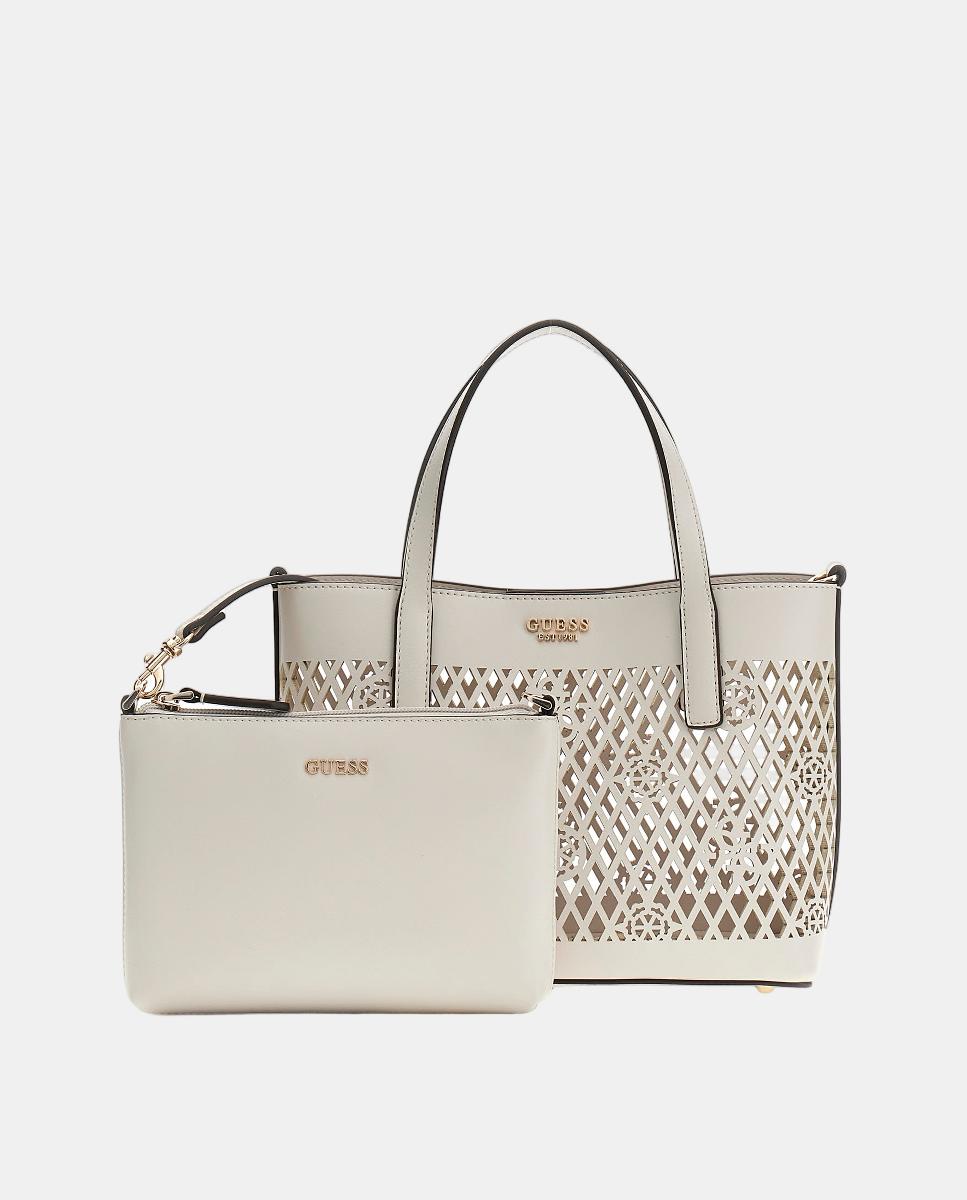Mini Mala Tipo Tote com Botão Magnético e Pouch Amovível Branco-3