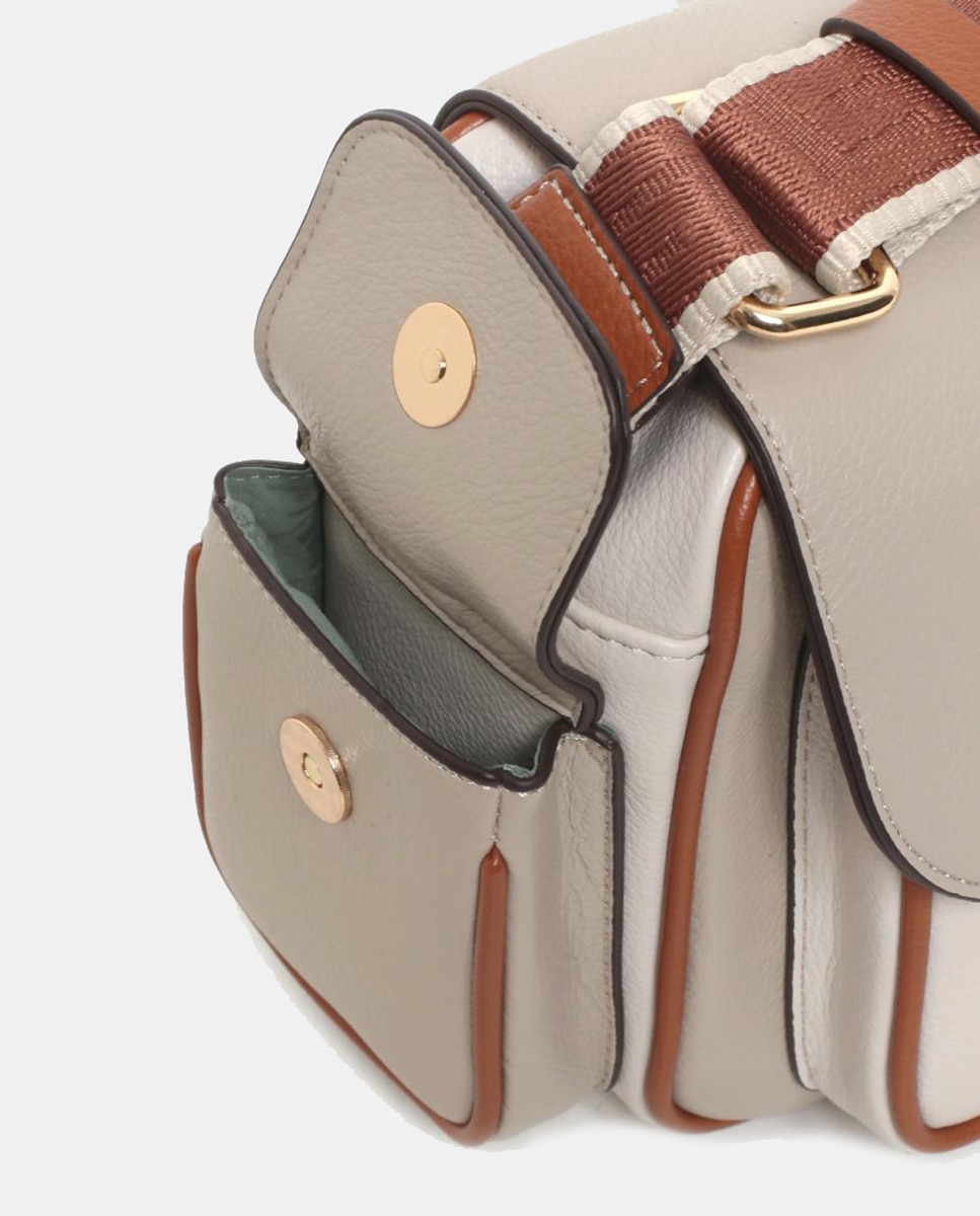 Mala Crossbody em PU com Bolsos e Aba Taupe-4