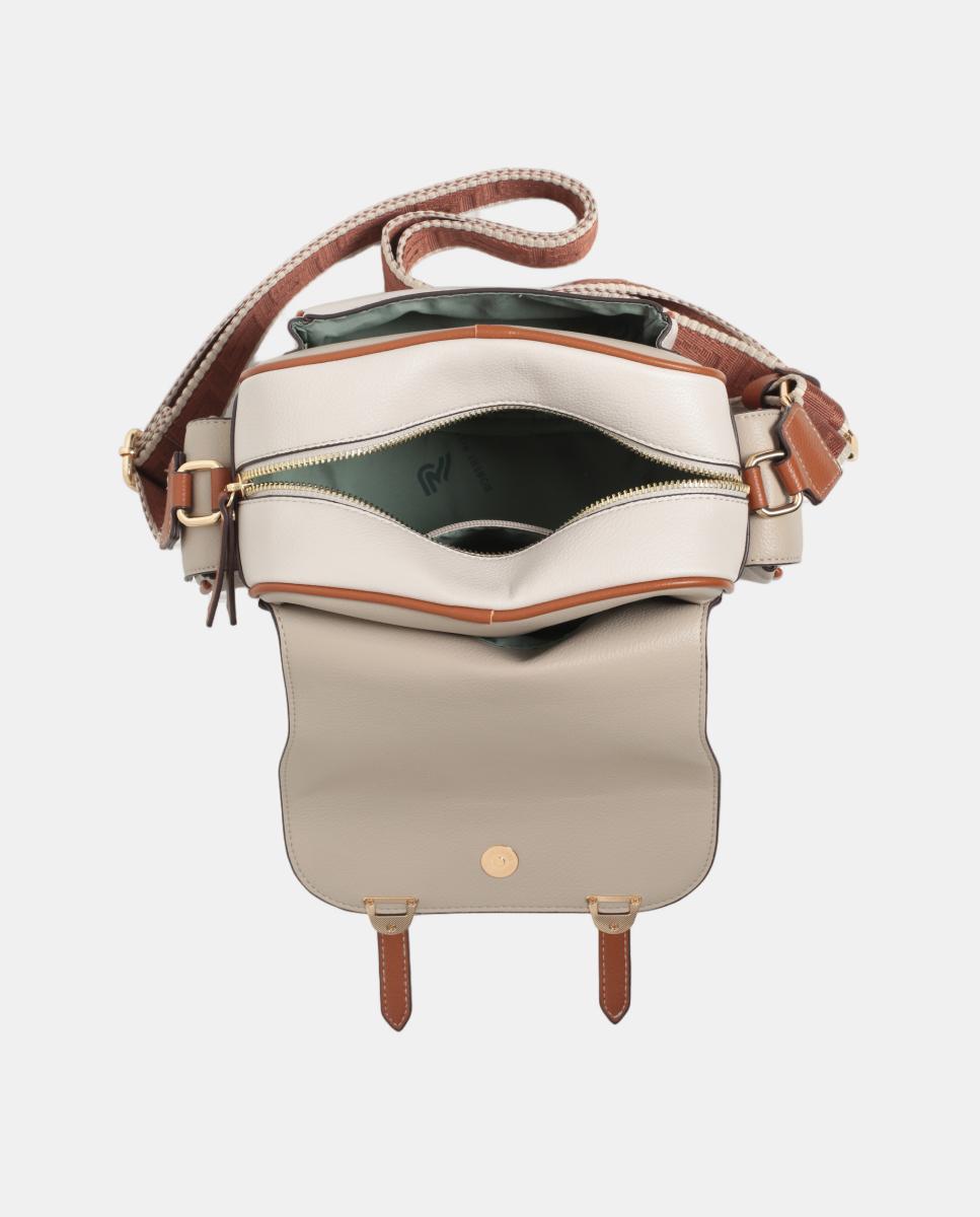 Mala Crossbody em PU com Bolsos e Aba Taupe-3