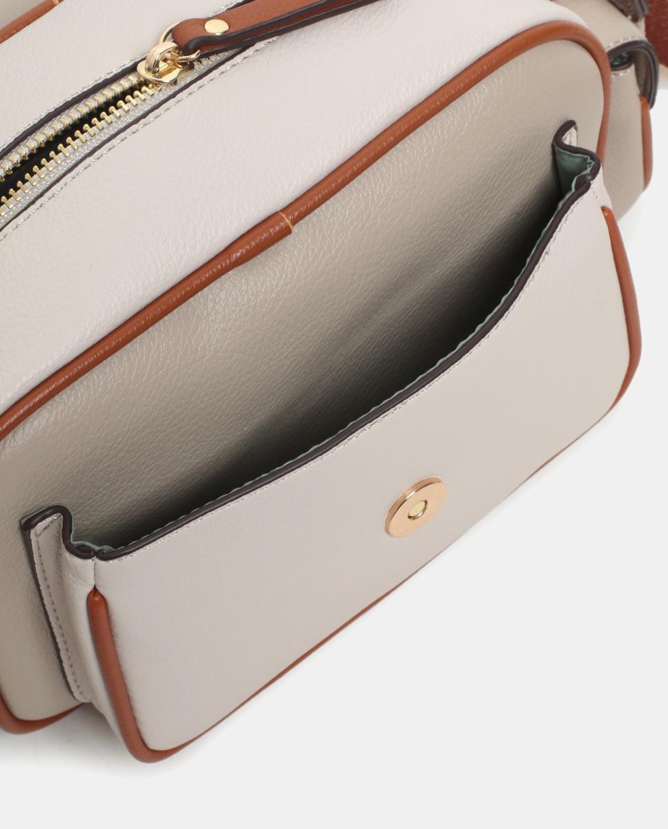 Mala Crossbody em PU com Bolsos e Aba Taupe-4