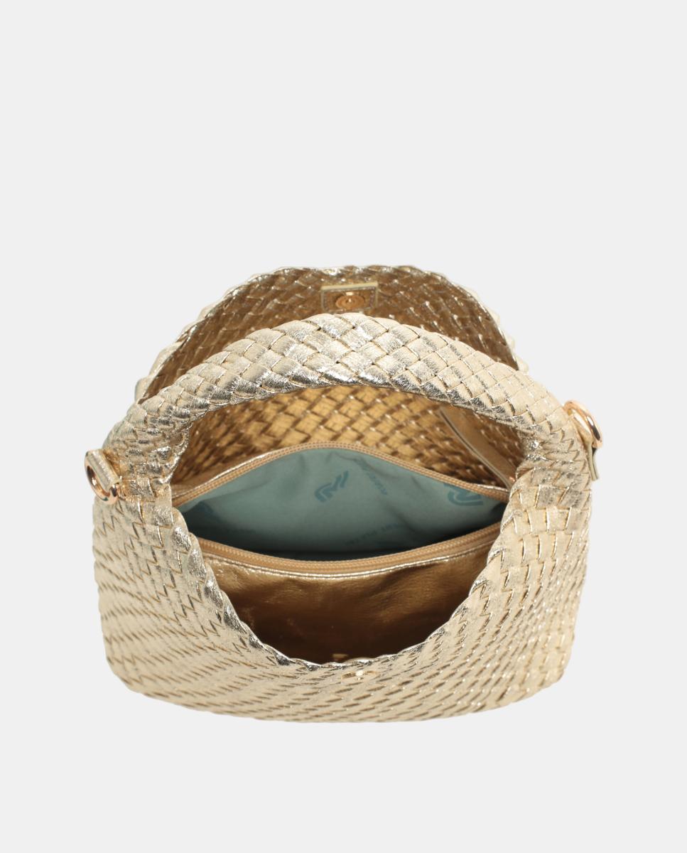 Mini Mala Hobo Entrançada em PU Metalizado Ouro-3