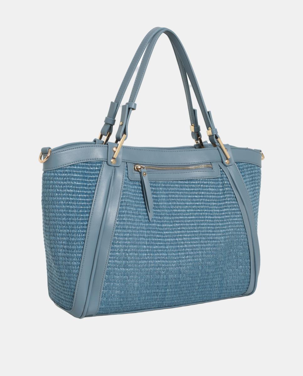 Mala Shopper de Ráfia Combinada com PU Azul-2