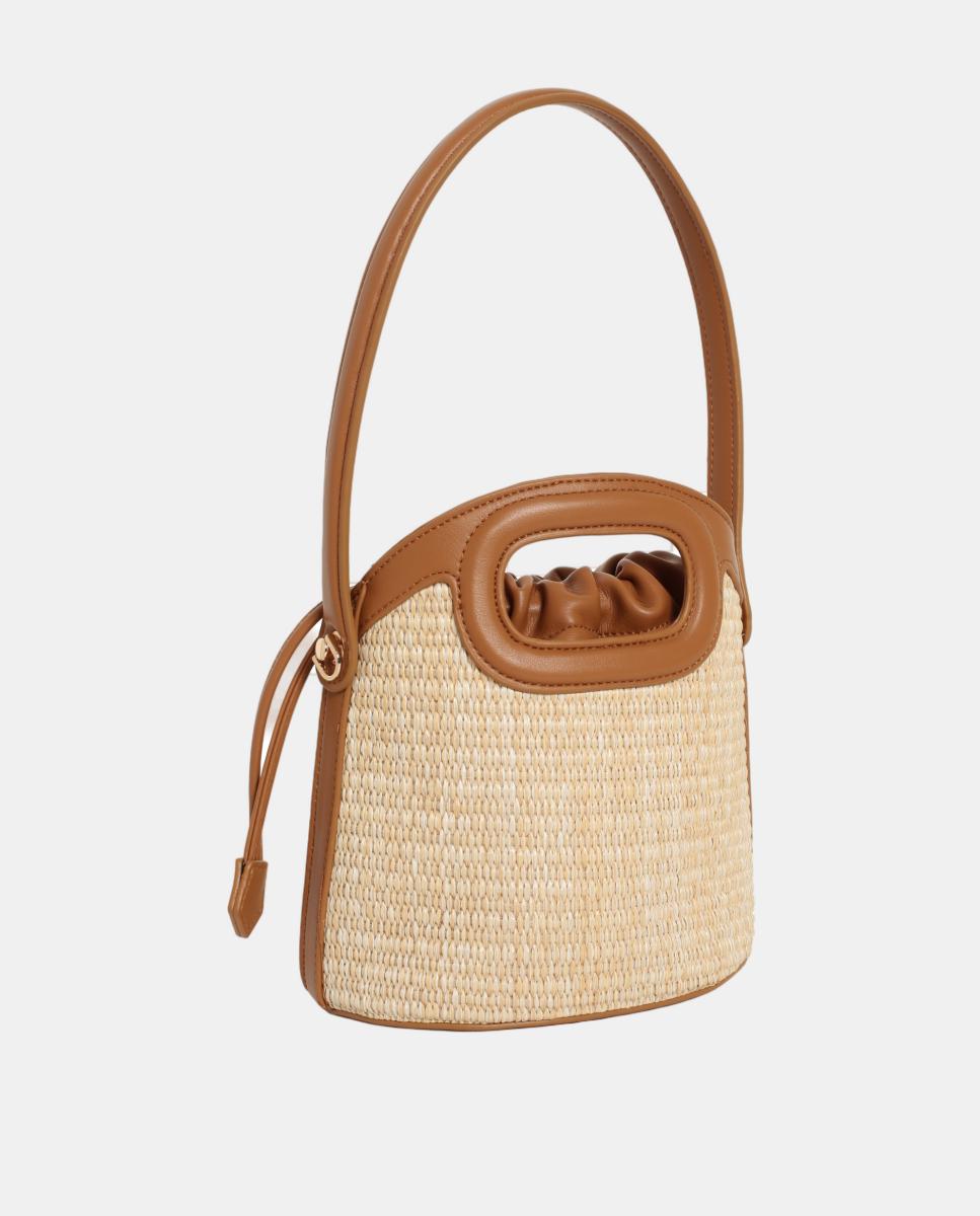 Mala Bucket Franzida em Ráfia Combinada com PU Natural-2