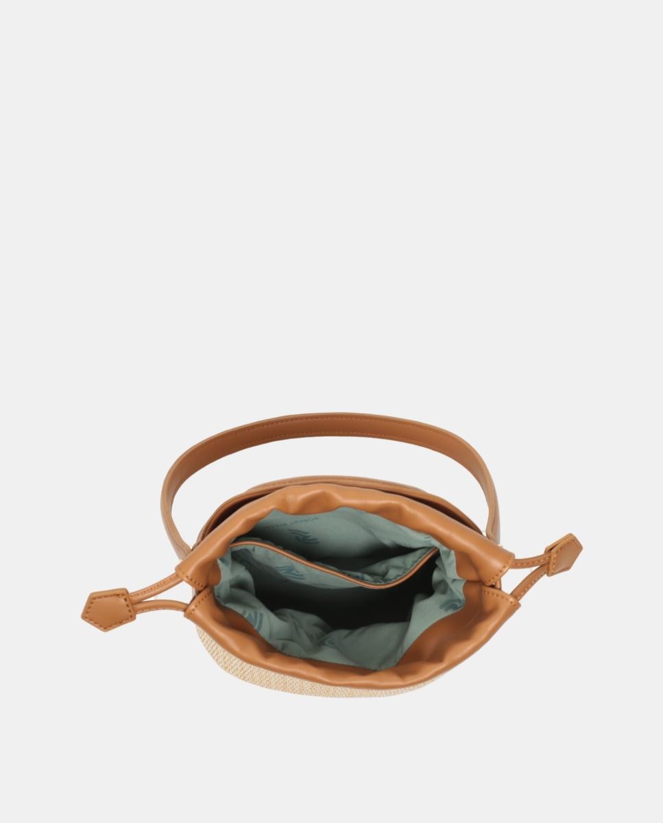 Mala Bucket Franzida em Ráfia Combinada com PU Natural-3