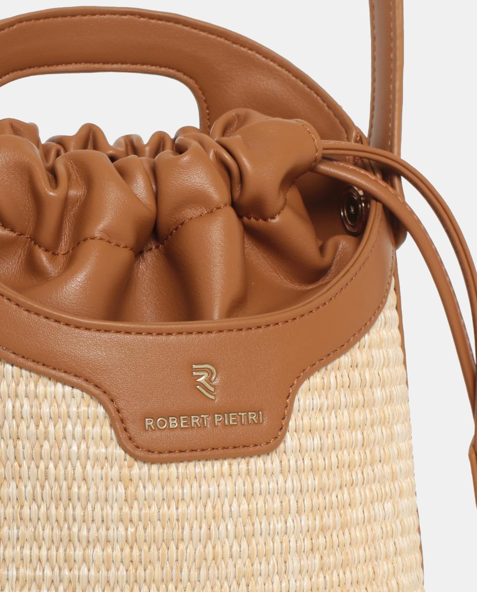 Mala Bucket Franzida em Ráfia Combinada com PU Natural-4