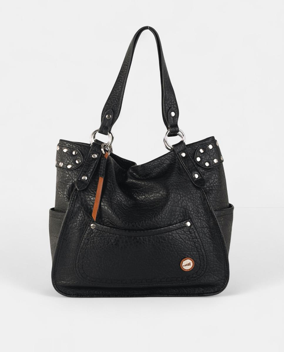 Mala Shopper Média de Efeito de Pele com Fecho de Correr e Tachas Preto-1