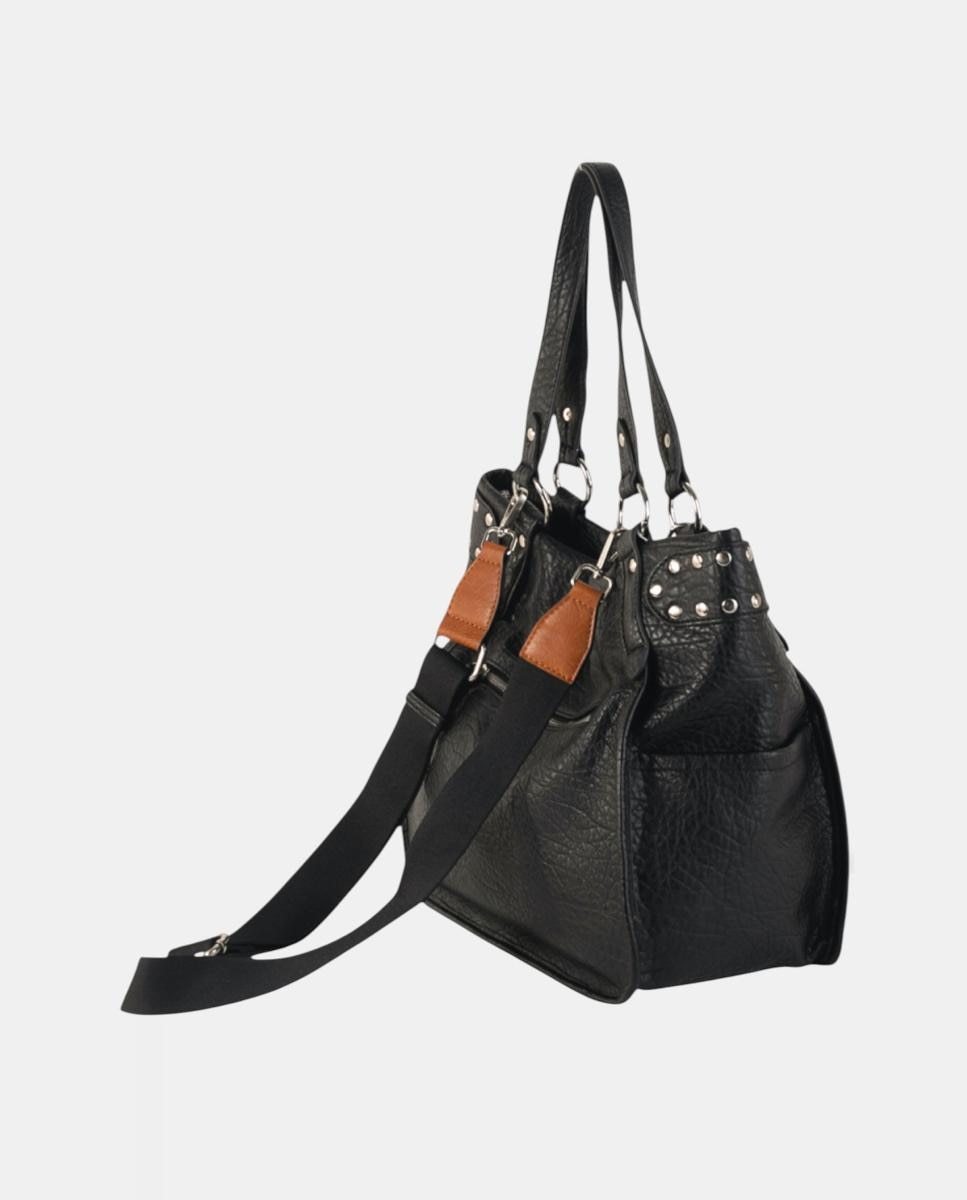 Mala Shopper Média de Efeito de Pele com Fecho de Correr e Tachas Preto-2