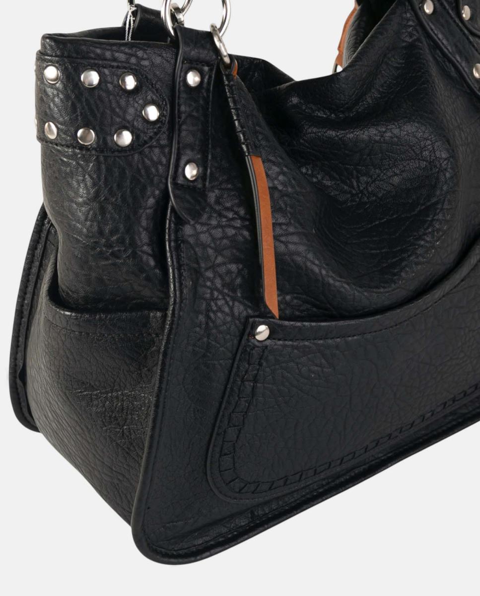 Mala Shopper Média de Efeito de Pele com Fecho de Correr e Tachas Preto-3