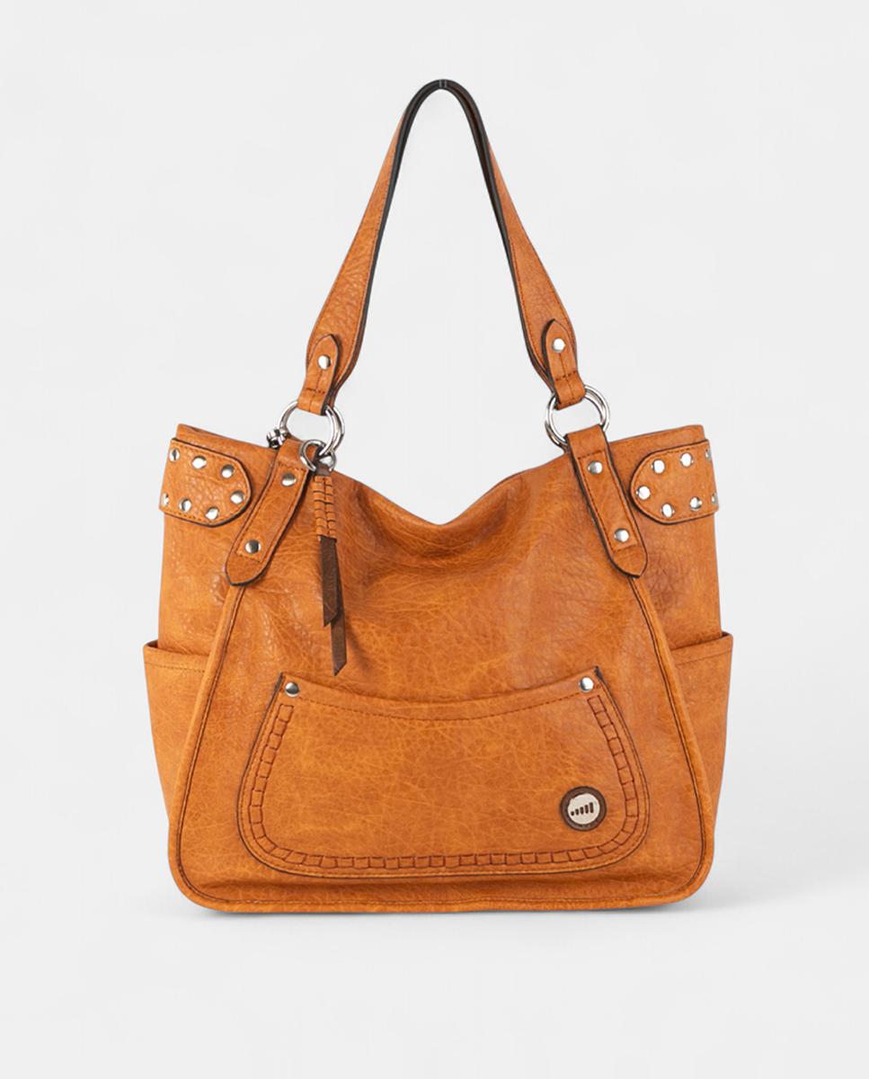 Mala Shopper Média de Efeito de Pele com Fecho de Correr e Tachas Camel-1