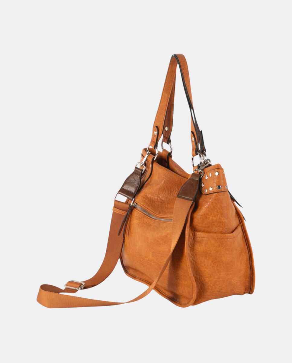Mala Shopper Média de Efeito de Pele com Fecho de Correr e Tachas Camel-2
